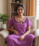 Churidar Model Cotton Nighty With Round Neck, 55 Inches - Magenta + Chikku Colour