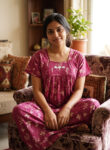 Traditional Cotton Nighty, 55 Inches Length - Rose
