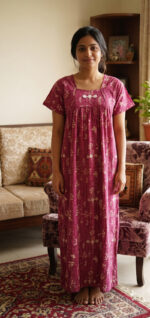 Traditional Cotton Nighty, 55 Inches Length - Rose - Image 2