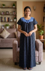 Traditional Cotton Nighty With Round Neck, 55 Inches Length - Black + Blue - Image 2