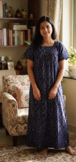 Front Open Cotton Nighty With Zip, 57 Inches - Dark Blue + Green - Image 2