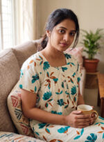 Front Open Cotton Nighty With Buttons, 55 Inches - Cream + Blue Shade Flower
