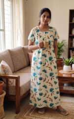 Front Open Cotton Nighty With Buttons, 55 Inches - Cream + Blue Shade Flower - Image 2