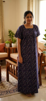 Front Open Cotton Nighty With Zip, 57 Inches - Dark Blue + Brown - Image 2