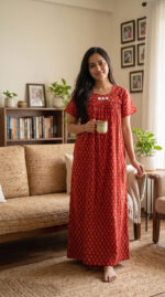 Traditional Cambric Cotton Nighty, 55 Inches Length - Red - Image 2