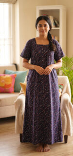 Front Open Cotton Nighty With Zip, 57 Inches - Dark Blue + Red - Image 2