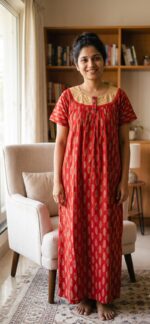 Front Open Cambric Cotton Nighty With Buttons, Hacoba Yoke, 55 Inches - Red - Image 2