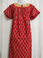 Front Open Cambric Cotton Nighty With Buttons, Hacoba Yoke, 55 Inches - Red - Image 4
