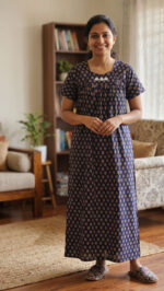 Traditional Cambric Cotton Nighty, 55 Inches Length - Blue - Image 2
