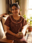 Churidar Model Cotton Nighty With Buttons, 55 Inches - Brown