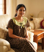 Traditional Cotton Nighty With Round Neck, 55 Inches Length - Brown