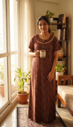 Churidar Model Cotton Nighty With Buttons, 55 Inches - Brown - Image 2