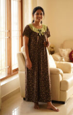 Traditional Cotton Nighty With Round Neck, 55 Inches Length - Brown - Image 2