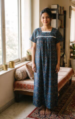 Traditional Kalamkari Cotton Nighty, 55 Inches Length - Dark Blue - Image 2