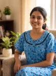 Churidar Model Cotton Nighty With Round Neck, 55 Inches - Blue