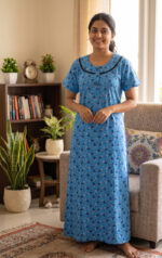 Churidar Model Cotton Nighty With Round Neck, 55 Inches - Blue - Image 2