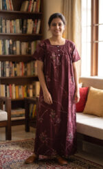 Front Open Cotton Nighty With Buttons, 55 Inches - Maroon - Image 2