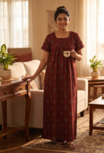 Front Open Cambric Cotton Nighty With Buttons, 55 Inches - Maroon - Image 2