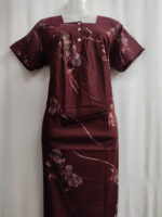 Front Open Cotton Nighty With Buttons, 55 Inches - Maroon - Image 4