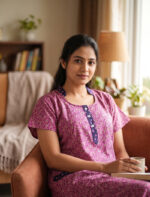 Churidar Model Cotton Nighty With Collar, 55 Inches - Rose + Dark Blue