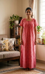 Front Open Cotton Nighty With Buttons, 55 Inches - Peach - Image 2