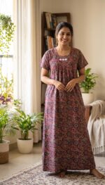 Traditional Kalamkari Cotton Nighty, 55 Inches Length - Rose - Image 2