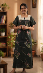 Front Open Cotton Nighty With Buttons, Hacoba Yoke, 55 Inches - Bottle Green - Image 2