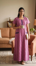 Churidar Model Cotton Nighty With Collar, 55 Inches - Rose + Dark Blue - Image 2