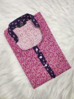 Churidar Model Cotton Nighty With Collar, 55 Inches - Rose + Dark Blue - Image 3