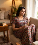 Traditional Kalamkari Cotton Nighty, 55 Inches Length - Black