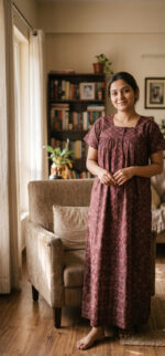 Front Open Ajrakh Cotton Nighty With Buttons, 55 Inches - Maroon - Image 2