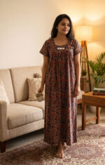 Traditional Kalamkari Cotton Nighty, 55 Inches Length - Black - Image 2