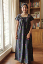 Traditional Cotton Nighty With Elastic Neck, 55 Inches Length - Black Pink Blossom - Image 2