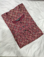Front Open Ajrakh Cotton Nighty With Buttons, 55 Inches - Maroon - Image 3