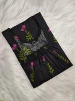 Traditional Cotton Nighty With Elastic Neck, 55 Inches Length - Black Pink Blossom - Image 3