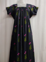 Traditional Cotton Nighty With Elastic Neck, 55 Inches Length - Black Pink Blossom - Image 4