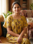 Front Open Cotton Nighty With Buttons, 57 Inches - Yellow + Rose