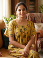 Front Open Cotton Nighty With Buttons, 57 Inches - Yellow + Rose