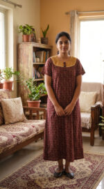 Churidar Model Cambric Cotton Nighty With Hacoba Yoke , 55 Inches - Maroon - Image 2