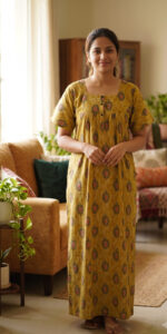 Front Open Cotton Nighty With Buttons, 57 Inches - Yellow + Rose - Image 2