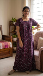 Front Open Cotton Nighty With Buttons, 55 Inches - Black + Magenta Flowers - Image 2