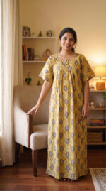 Front Open Cotton Nighty With Buttons, 57 Inches - Yellow + Blue - Image 2