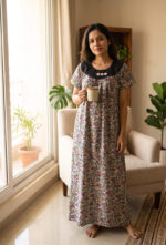 Traditional Cotton Nighty, Round Hacoba Neck, 55 Inches Length - White + Black Design - Image 2