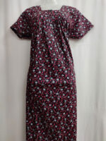 Front Open Cotton Nighty With Buttons, 55 Inches - Black + Magenta Flowers - Image 4