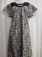 Traditional Cotton Nighty, Round Hacoba Neck, 55 Inches Length - White + Black Design - Image 4