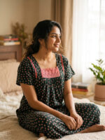 Traditional Cotton Nighty, 55 Inches Length - Green