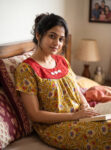 Traditional Cotton Nighty With Round Neck, Hacoba Yoke, 55 Inches Length - Yellow