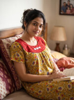 Traditional Cotton Nighty With Round Neck, Hacoba Yoke, 55 Inches Length - Yellow