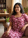 Front Open Cotton Nighty With Buttons, 55 Inches - Maroon