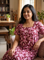 Front Open Cotton Nighty With Buttons, 55 Inches - Maroon